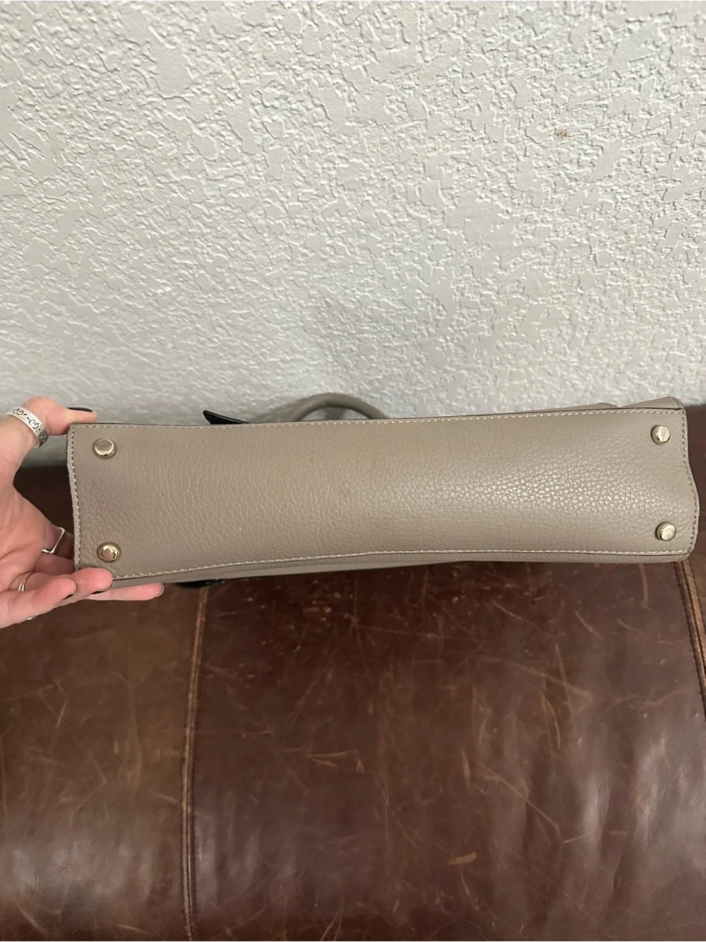 kate spade Taupe Leather Satchel with Black Patent Bow